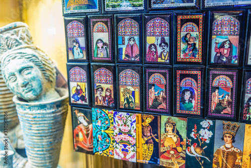 Fridge magnets for sale on the Grand Bazaar also called Qeysarriyeh or Soltani bazaar in Isfahan city  Iran