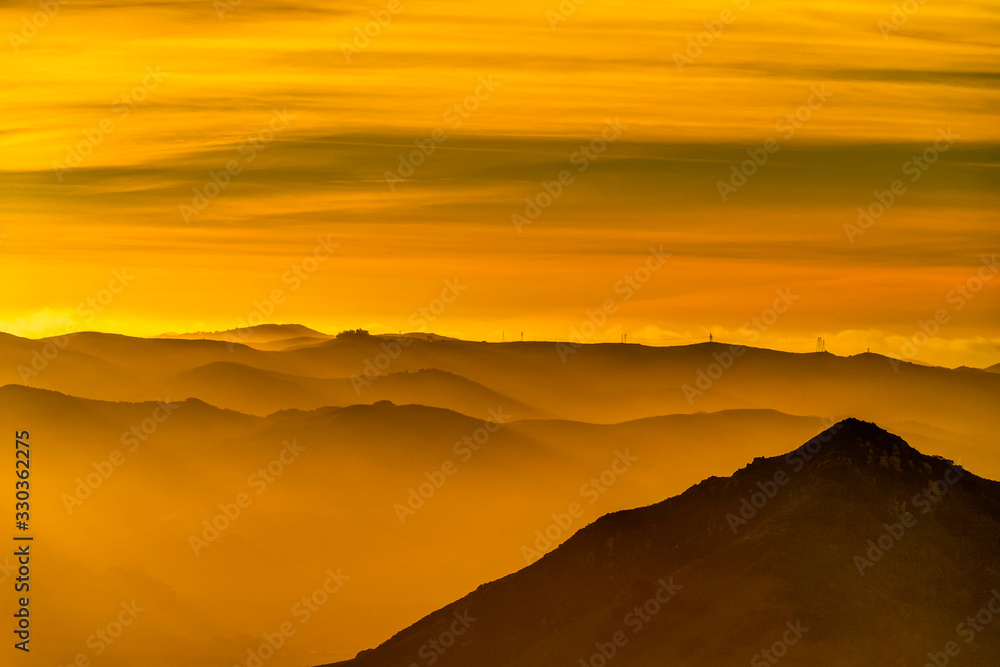 Sunset in Mountains, Silhouette, Layers 