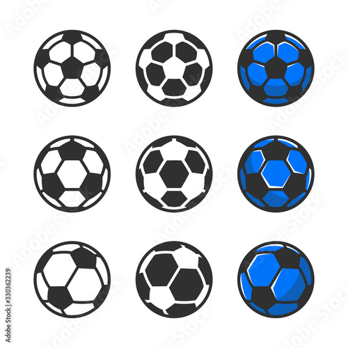 Vector soccer ball icons set in 3 different styles. Football outline icons isolated on white backgrounds. Logo design. Vector illustration