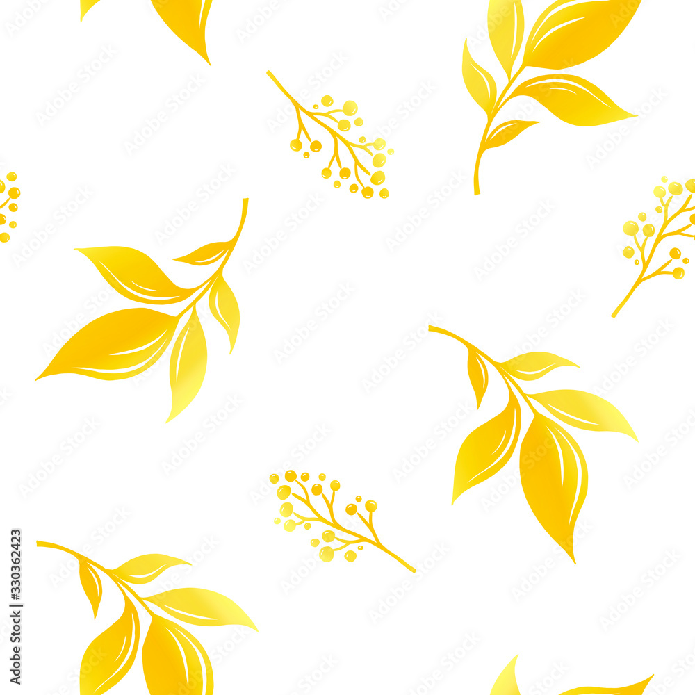 fabric pattern golden flowers leaves branches spring summer