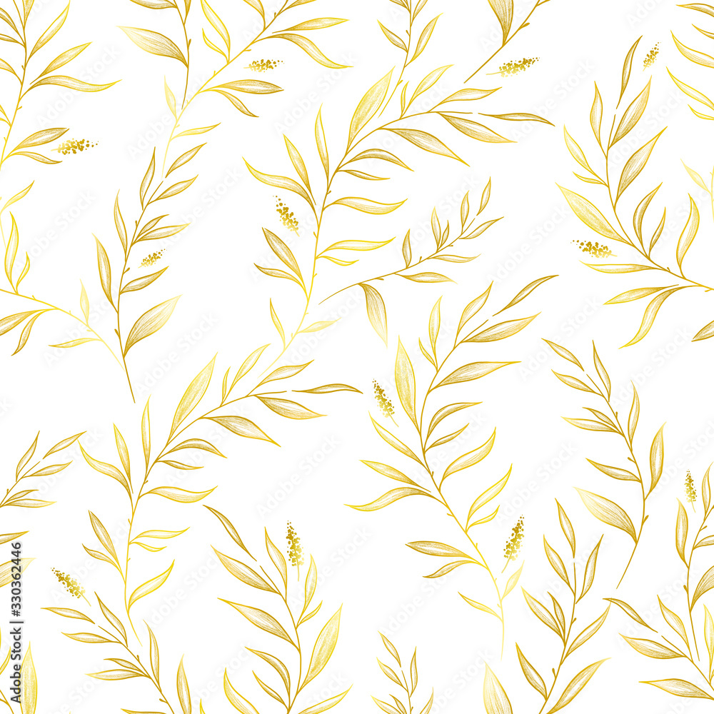 Fototapeta fabric pattern golden flowers leaves branches spring summer