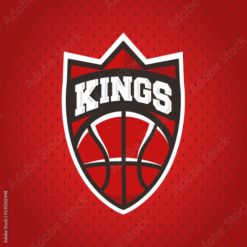 Vector Basketball logo. Basketball kings emblem template with basketball ball and shield with crown shape. Trendy modern design. Perfect use for posters, banners, signs, covers design. Vector emblem