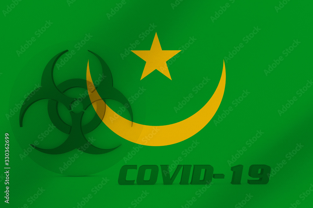 3D ILLUSTRATION VIRUS, BIOHAZARD SYMBOL CORONAVIRUS WITH Mauritania FLAG, Flu coronavirus floating, micro view, pandemic virus infection, asian flu. 3D ILLUSTRATION VIRUS, BIOHAZARD SYMBOL CORONAVIRUS WITH Mauritania FLAG, Flu coronavirus floating, micro view, pandemic virus infection, asian flu.