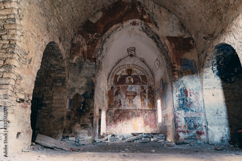 Inside view of an abandoned church on the mountain.