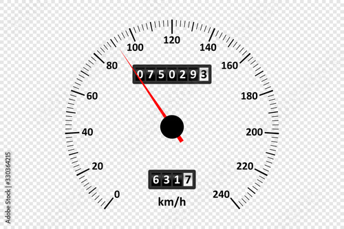 Car speedometer at transparent background. Speedometer with speed scale and kilometer counter. Vector illustration.