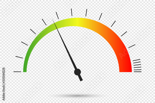 Speedometer icon at transparent background. Color infographics of car speedometer. Symbol of speed dial. Vector illustration.