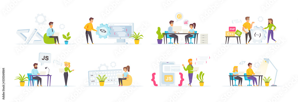 Software development set with people characters in various scenes. Software design and architecture in IT company. Programmer coding at laptop. Bundle of web development and programming in flat style.