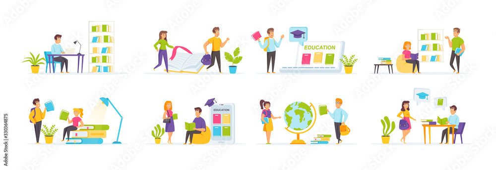 Online education set with people characters in various scenes and situations. People reading books at home and in library, students studying. Bundle of distance education and knowledge in flat style. Online education set with people characters in various scenes and situations. People reading books at home and in library, students studying. Bundle of distance education and knowledge in flat style.