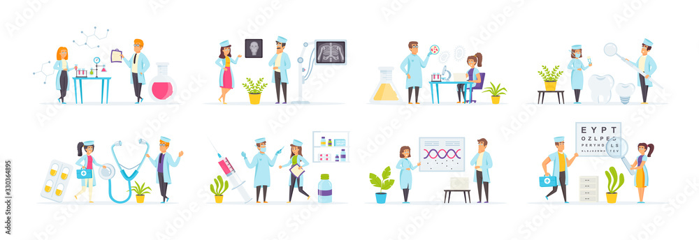 Healthcare and medicine set with people characters in various situations. Laboratory, ophthalmology, pharmacy, radiology and stomatology. Bundle of medical diagnosis and treatment in flat style.
