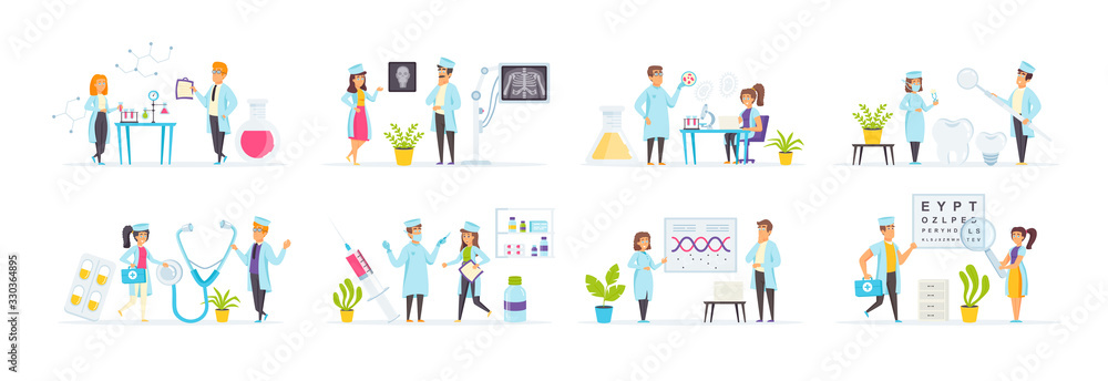 Healthcare and medicine set with people characters in various situations. Laboratory, ophthalmology, pharmacy, radiology and stomatology. Bundle of medical diagnosis and treatment in flat style. Healthcare and medicine set with people characters in various situations. Laboratory, ophthalmology, pharmacy, radiology and stomatology. Bundle of medical diagnosis and treatment in flat style.