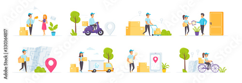 Fototapeta Naklejka Na Ścianę i Meble -  Express delivery service set with people characters in various scenes. Fast couriers delivery at home, mobile application and logistics. Bundle of parcels and mail delivering to clients in flat style.