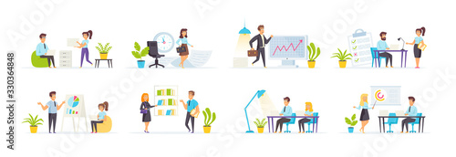 Office management set with people characters in various scenes and situations. Business presentation, data analysis and planning. Bundle of office workers communication and collaboration in flat style