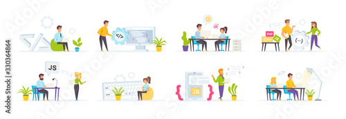 Software development set with people characters in various scenes. Software design and architecture in IT company. Programmer coding at laptop. Bundle of web development and programming in flat style.