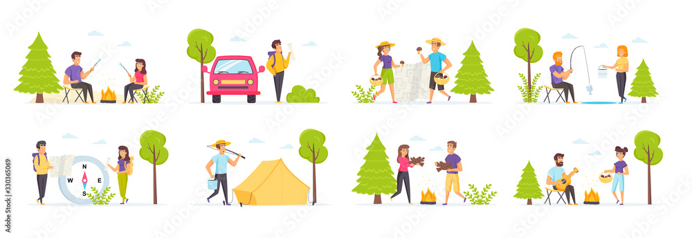 Summer camping with people characters in various scenes. Couple collecting mushrooms, traveling with backpacks, relaxing near bonfire, play guitar and fishing. Bundle of nature tourism in flat style.