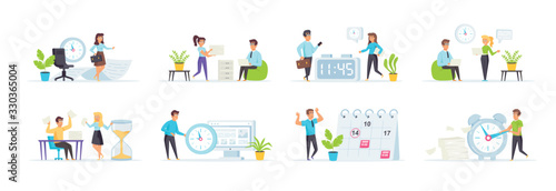 Time management set with people characters in various situations. Deadline and pressure at work, businesspeople working overtime in office. Bundle of rush work and stress at workplace in flat style