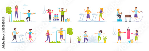 Fitness workout set with people characters in various scenes. Man and woman running on treadmill, jumping with rope, lifting dumbbells and boxing. Bundle of training or exercising in flat style.