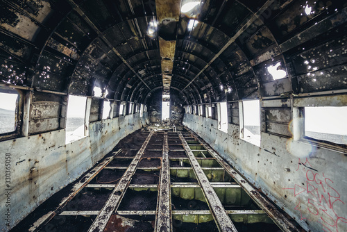 Interior of Douglas Super DC plane wreck on a Solheimasandur black beach, Iceland