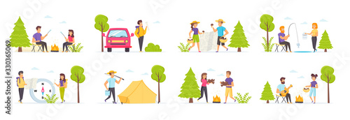 Summer camping with people characters in various scenes. Couple collecting mushrooms, traveling with backpacks, relaxing near bonfire, play guitar and fishing. Bundle of nature tourism in flat style.