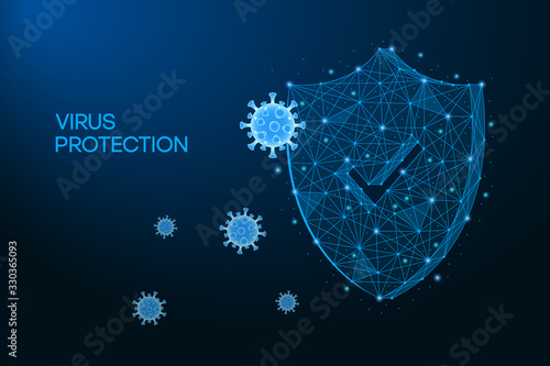 Security shield for virus protection. Coronavirus, 2019-nCoV safety concept made by low polygonal wireframe mesh on blue background. Shield and virus cells. Vaccine, medicine, antibiotic. Vector.