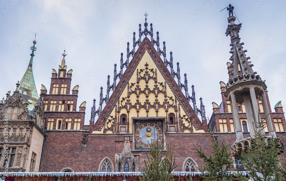 Facade of historc Town Hall building in the middle of historic part of Wroclaw city, Poland