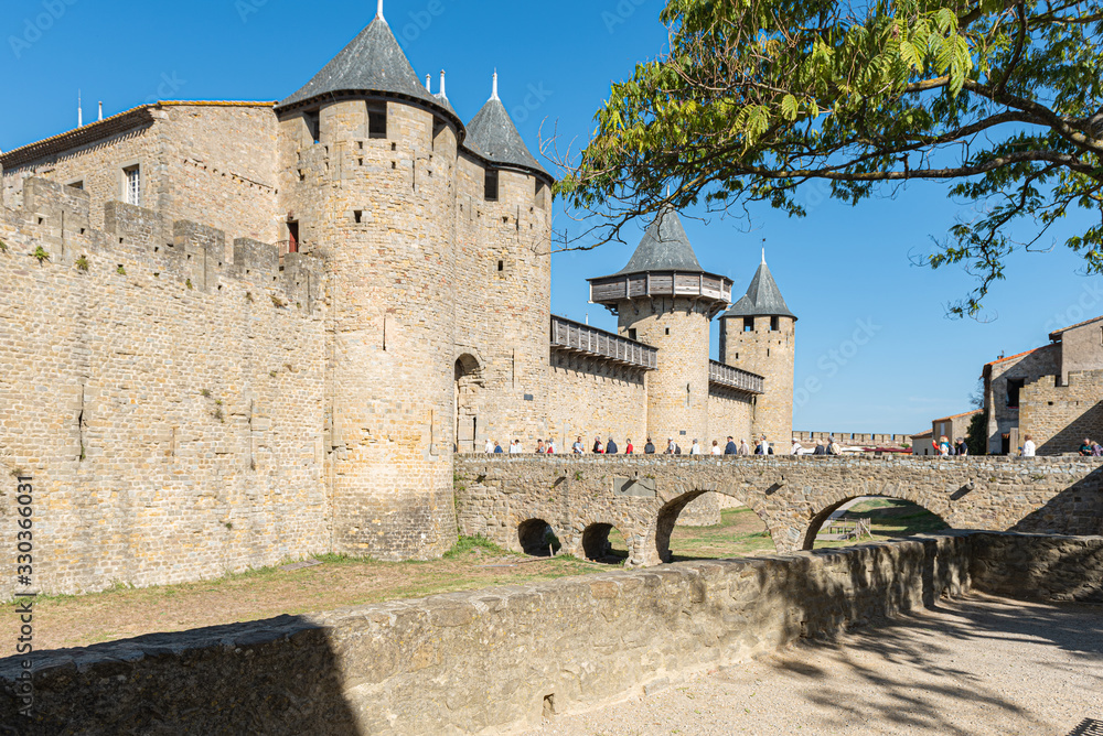 Entrance to the castle in the famous walled city of Carcassonne,  France.