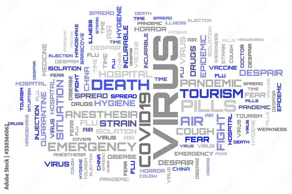Blue word cloud background. COVID-19 topic art Blue word cloud background. COVID-19 topic art