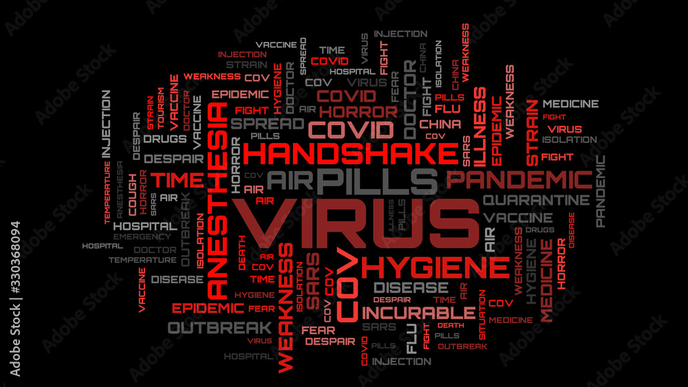 Red word cloud virus concept. Beautiful word collage backdrop