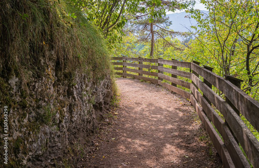 panoramic route to Sanctuary of San Romedio trentino, Trentino alto adige, northern italy - Europe. Panoramic trail carved into the rock of the canyon panoramic route to Sanctuary of San Romedio trentino, Trentino alto adige, northern italy - Europe. Panoramic trail carved into the rock of the canyon