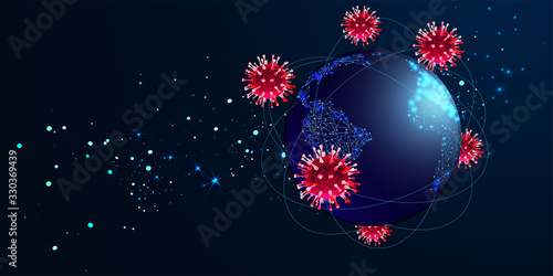 Covid-19. Concept health safety protection coronavirus epidemic 2019 nCoV. Viruses fly around planet Earth. Low poly wireframe style. Vector