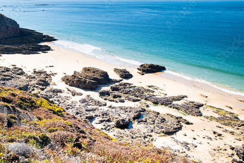 Landscape of the Brittany coast in the Cape Frehel region with its beaches  rocks and cliffs in summer.