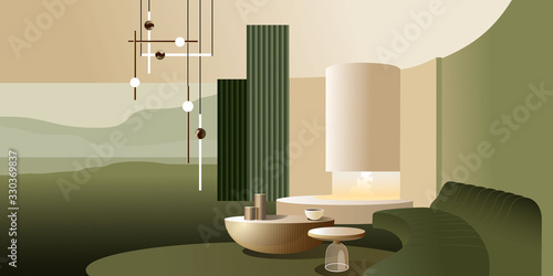 Abstract modern Interior with fireplace in pastel shades of green and gold. Vector mockup for landing page or design advertising banner or booklet. Contemporary architecture illustration