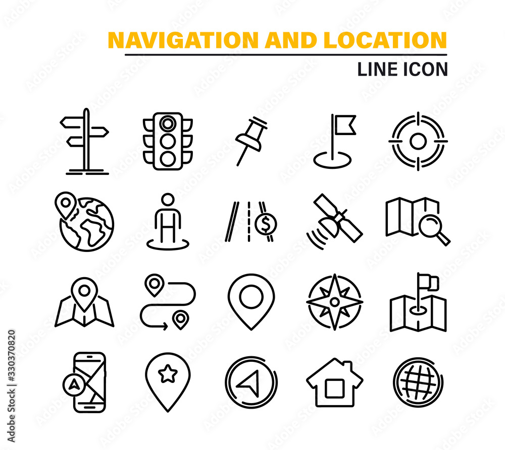 Navigation and Map icon set. Map pin and Location, Route map, Navigation, Direction and more. Simple Set of World Map, Office Location, Traffic Light, Compass line Icons