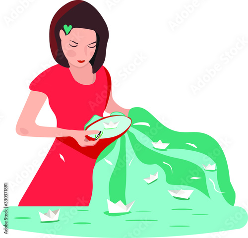 Spring girl embroiders small boats