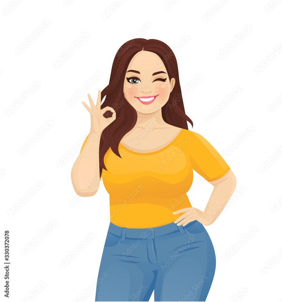 Young happy beautiful plus size woman wearing jeans gesturing ok sign isolated vector illustration Young happy beautiful plus size woman wearing jeans gesturing ok sign isolated vector illustration