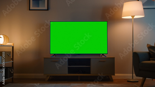 Obraz na plátně Shot of a TV with Horizontal Green Screen Mock Up