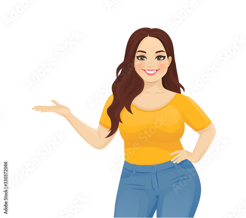 Young happy beautiful plus size woman wearing jeans showing isolated vector illustration