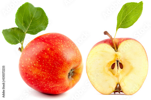 half red Apple with leaves isolated on white background