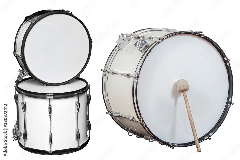 classic musical instrument big drum, set of three drums isolated on a