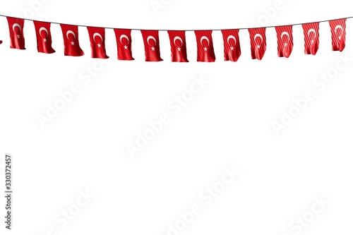 pretty many Turkey flags or banners hangs on rope isolated on white - any occasion flag 3d illustration..