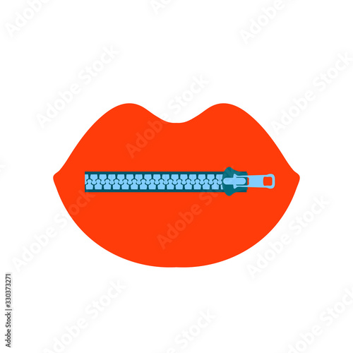 Vector blue lock zipper icon on top of a silhouette of red female lips. The concept of female secrecy, silence. Isolated on white background, flat style illustration.