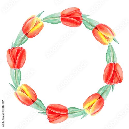 Wallpaper Mural Hand Drawn watercolor illustration.Watercolor Easter round wreath of tulips. Design for card, poster, postcard, wallpaper, letter. Torontodigital.ca