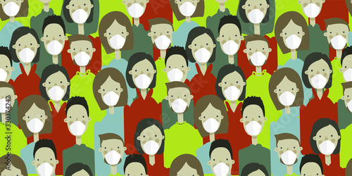 Cluster of people in white medical masks, geometric seamless pattern, vector. The concept of quarantine coronavirus, Coronavirus in China, prevention. A new type of virus (2019-nKoV).