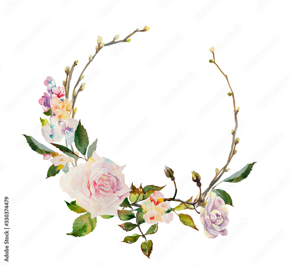 Watercolor floral wreath with pale roses and twigs with buds for design, invitation, greeting card