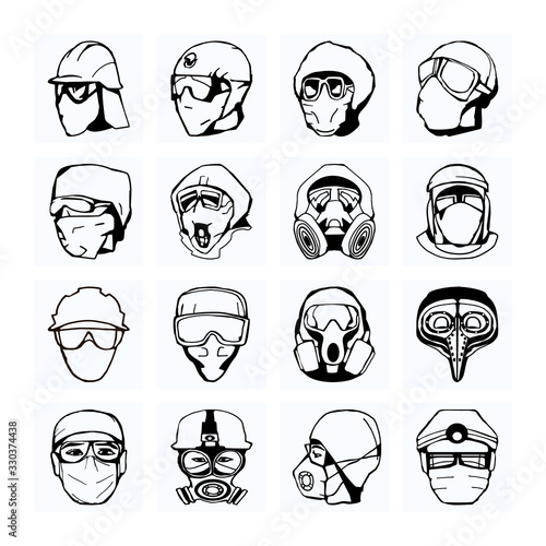Set of black and white vector icons featuring doctors, workers, bacteriologists in protective suits, masks, googles, helmets against infection, viruses, bio hazard or dangerous epidemic.  Hand drawn.