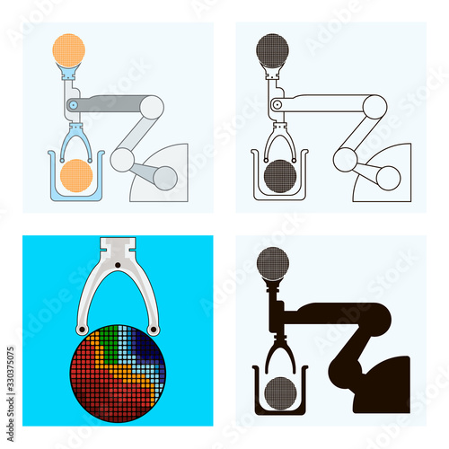 Abstract vector industry or technology icon set featuring semiconductor manufacturing with fantasy robot handling semiconductor wafer.