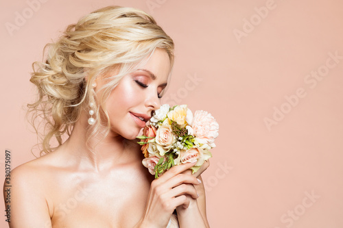 Beautiful Woman Portrait Smelling Peony Flower Bouquet, Happy Dreaming Girl and Flowers
