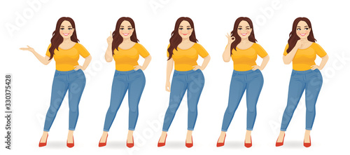 Young happy beautiful plus size woman wearing jeans in different poses isolated vector illustration
