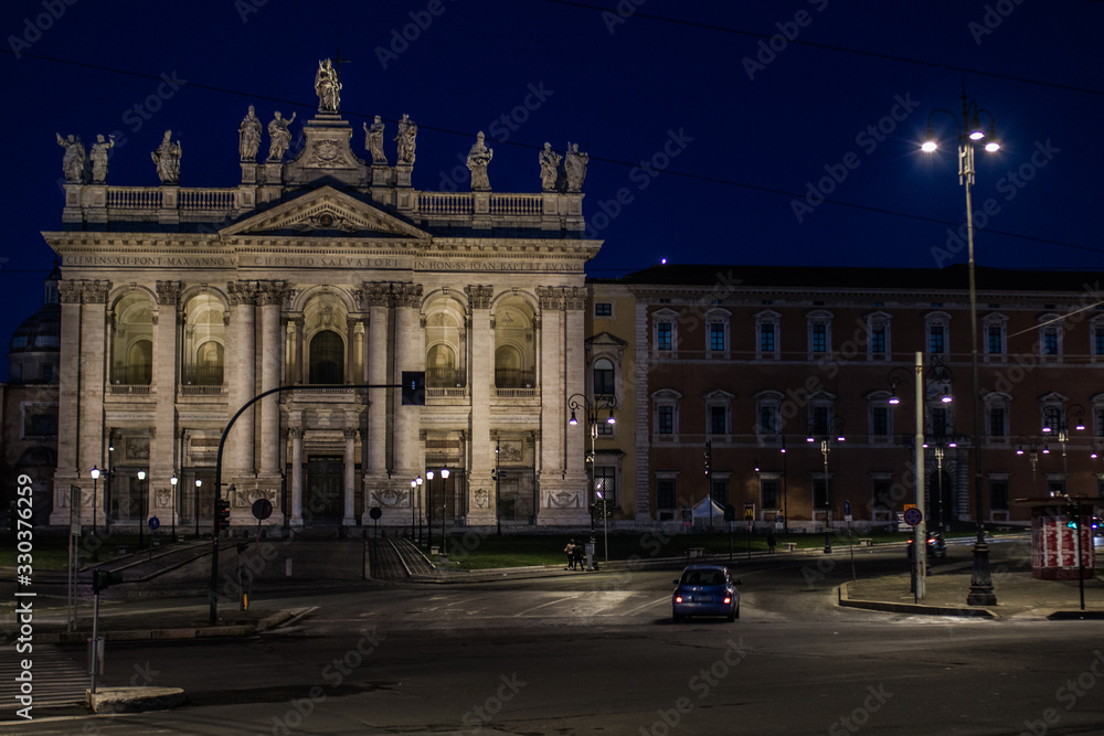 Rome, night city, the Lateran Palace and the Lateran Basilica. Piazza di San Giovanni in Laterano