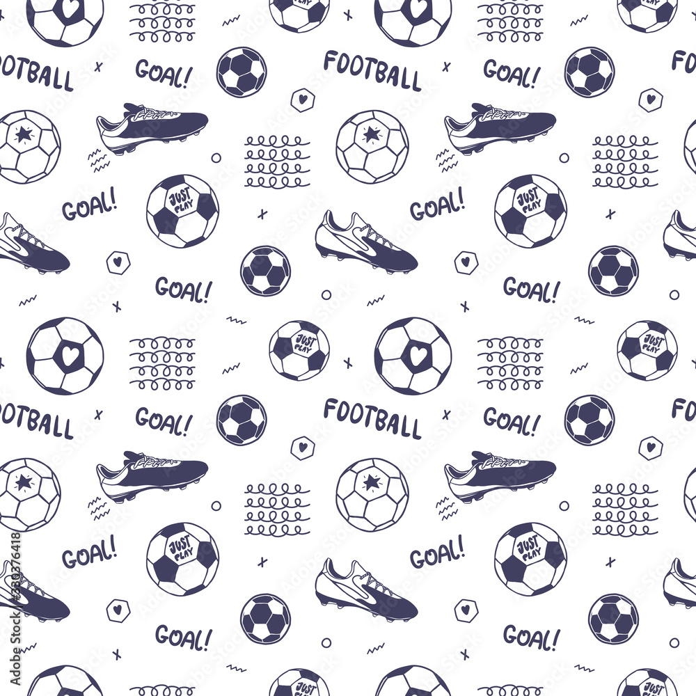 Seamless pattern with soccer ball, text, soccer boot. Sports background
