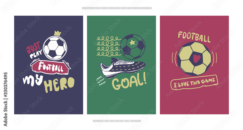 Vector football. A collection of print designs for boys T-shirts, sports posters. Illustrations with a soccer ball, sneakers and lettering..